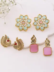 DASTOOR Set Of 3 Gold-Plated Peacock Shaped Studs Earrings