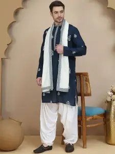 Jompers Men Floral Embroidered Thread Work Straight Kurta With Salwar And Dupatta