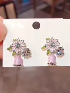 VAGHBHATT Silver-Plated Crystals Studded Floral Shaped Drop Earrings