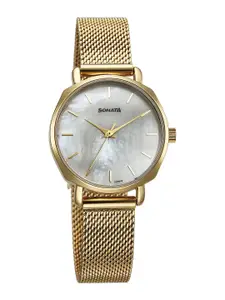 Sonata Women Brass Dial & Bracelet Style Straps Analogue Watch 87087YM01