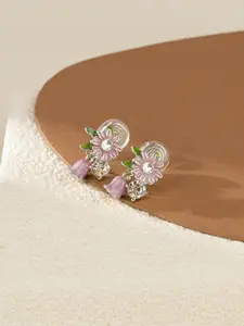 KRENOZ Silver-Plated Crystals Studded Floral Shaped Drop Earrings
