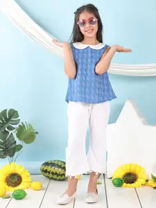 Sangria Girls Ethnic Motifs Printed Peter Pan Pure Cotton Top With Trousers