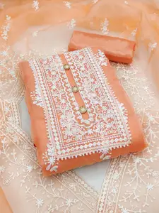 Peachmode Floral Embroidered Thread Work Organza Unstitched Dress Material