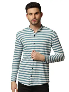 BEYOU FASHION Men Horizontal Striped Mandarin Collar Cotton Casual Shirt