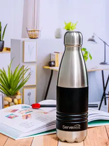 Servewell Black & Steel Stainless Steel Printed Double Wall Vacuum Water Bottle - 500 ml