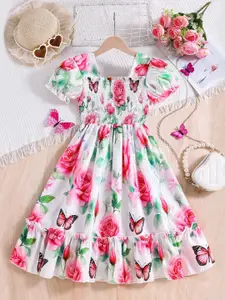 INCLUD Girls Floral Print Smocked Puff Sleeve Fit & Flare Dress