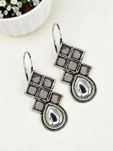 FEMMIBELLA Silver-Plated Artificial Stones Studded Diamond Shaped Oxidised Drop Earrings