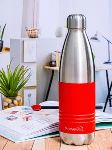 Servewell Red & Steel Stainless Steel Printed Double Wall Vacuum Water Bottle - 750 ml