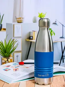 Servewell Steel & Blue Stainless Steel Printed Double Wall Vacuum Water Bottle - 500 ml