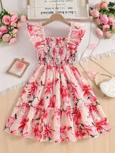 INCLUD Girls Floral Printed Flutter Sleeves Fit & Flare Dress
