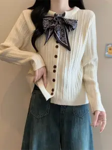 KPOP Women Cable Knit Self Design Cardigan Sweaters