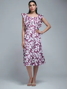 Roadster Women Abstract Printed Square Neck Ruffled Midi Dress