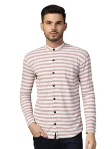 BEYOU FASHION Men Horizontal Striped Mandarin Collar Cotton Casual Shirt