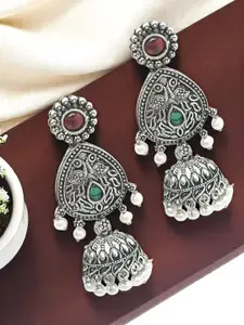 FEMMIBELLA Silver-Plated Artificial Stones Studded & Pearls Beaded Dome Oxidised Jhumkas