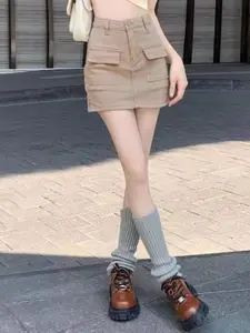 KPOP Women Khaki Solid Slim Fit Cargo Shorts