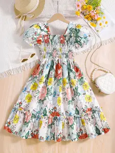 INCLUD Kids-Girls Floral Print Puff Sleeve Fit & Flare Dress