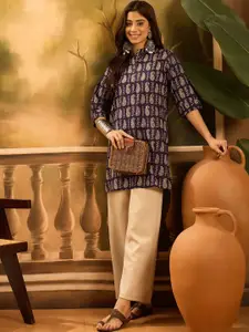 Sangria Printed Pure Cotton Mandarin Collar Short Kurtis