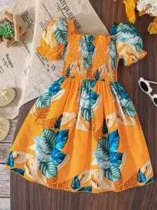 INCLUD Girl Tropical Print Puff Sleeve Smocked Casual  Fit & Flare Dress
