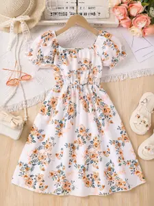 INCLUD Girls Floral Print Puff Sleeve Fit & Flare Dress