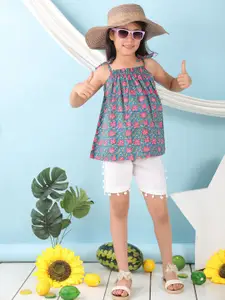 Sangria Girls Printed Pure Cotton Shoulder Straps Top With Shorts