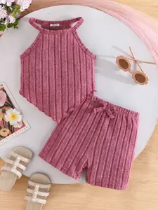 INCLUD Girls Striped Round Neck Top With Shorts