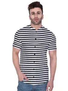 BEYOU FASHION Men Horizontal Striped Mandarin Collar Cotton Casual Shirt