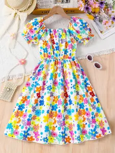 INCLUD Floral Print Puff Sleeve Fit & Flare Dress
