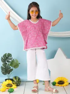 Sangria Girls Floral Printed Round Neck Pure Cotton Kaftan Top With Trousers