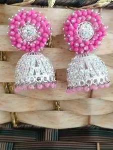 JMBW INTERNATIONAL Silver-Plated Artificial Stones Studded & Beaded Dome Shaped Jhumkas