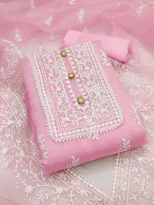 Peachmode Floral Embroidered Thread Work Organza Unstitched Dress Material