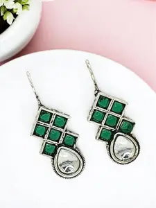 FEMMIBELLA Silver-Plated Artificial Stones Studded Diamond Shaped Oxidised Drop Earrings