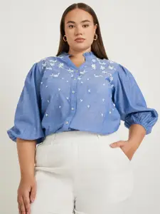 Styli Women Floral Embroidered Mandarin Collar Puff Sleeve Cotton Blouson Top