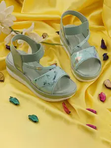BAESD Girls Green & White Printed Synthetic Patent Casual Regular Wedge Sandals