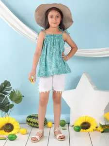 Sangria Girls Floral Printed Pure Cotton Top With Shorts