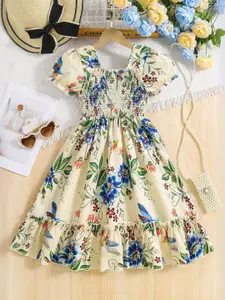 INCLUD Girls Floral Print Puff Sleeve Fit & Flare Dress