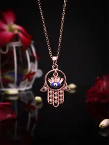 Anouk Rose Gold Plated American Diamond Studded Evil Eye Hand Shape Pendant With Chain
