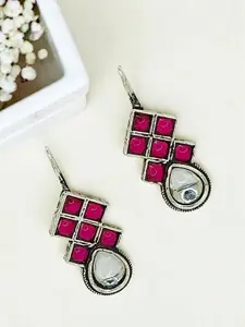 FEMMIBELLA Silver-Plated Artificial Stones Studded Geometric Shaped Oxidised Drop Earrings