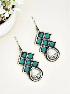 FEMMIBELLA Silver-Plated Artificial Stones Studded Diamond Shaped Oxidised Drop Earrings