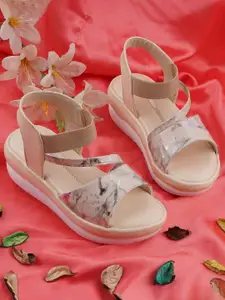 BAESD Girls Cream & White Printed Synthetic Patent Casual Regular Wedge Sandals