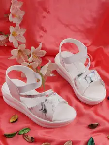 BAESD Girls Pink & White Printed Synthetic Patent Casual Regular Wedge Sandals