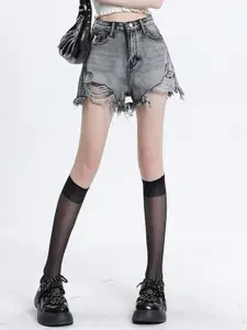KPOP Women Washed Denim Regular Fit Shorts