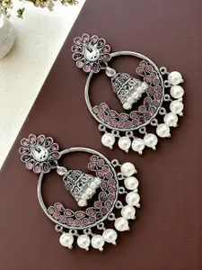 FEMMIBELLA Silver-Plated Stones Studded & Pearls Beaded Floral Oxidised Chandbalis