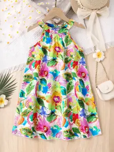 INCLUD Girls Floral Print Halter Neck A-Line Dress