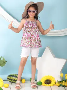 Sangria Girls Floral Printed Pure Cotton Top With Shorts