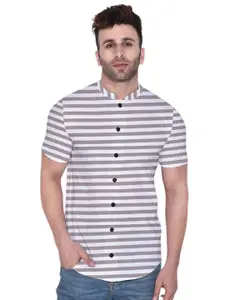 BEYOU FASHION Men Horizontal Striped Mandarin Collar Cotton Casual Shirt