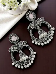 FEMMIBELLA Silver-Plated Kundan Studded & Beaded Peacock Shaped Oxidised Chandbalis