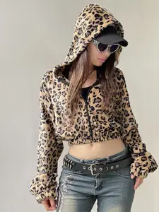 Outzidr Leopard Print Fleece Hooded Sweatshirt