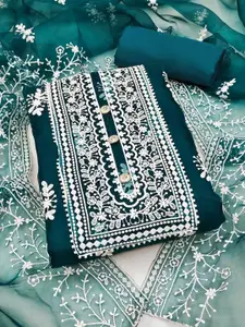 Peachmode Floral Embroidered Thread Work Organza Unstitched Dress Material