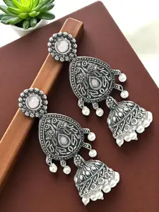 FEMMIBELLA Silver-Plated Artificial Stones Studded & Pearls Beaded Dome Oxidised Jhumkas
