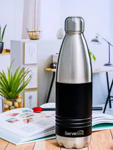 Servewell Black & Steel Stainless Steel Printed Double Wall Vacuum Water Bottle - 750 ml
